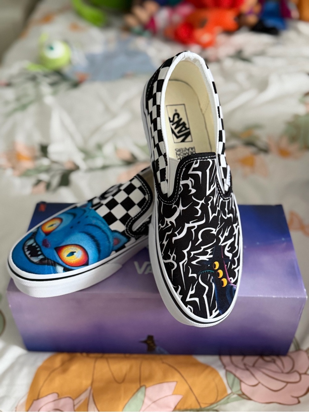 Vans Kids Slip-On Sneakers - Black, White & Blue Cat Graphic